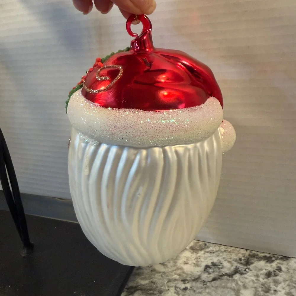 Large Glass Santa Claus Head Christmas Ornament Poinsettia Glitter Red 7